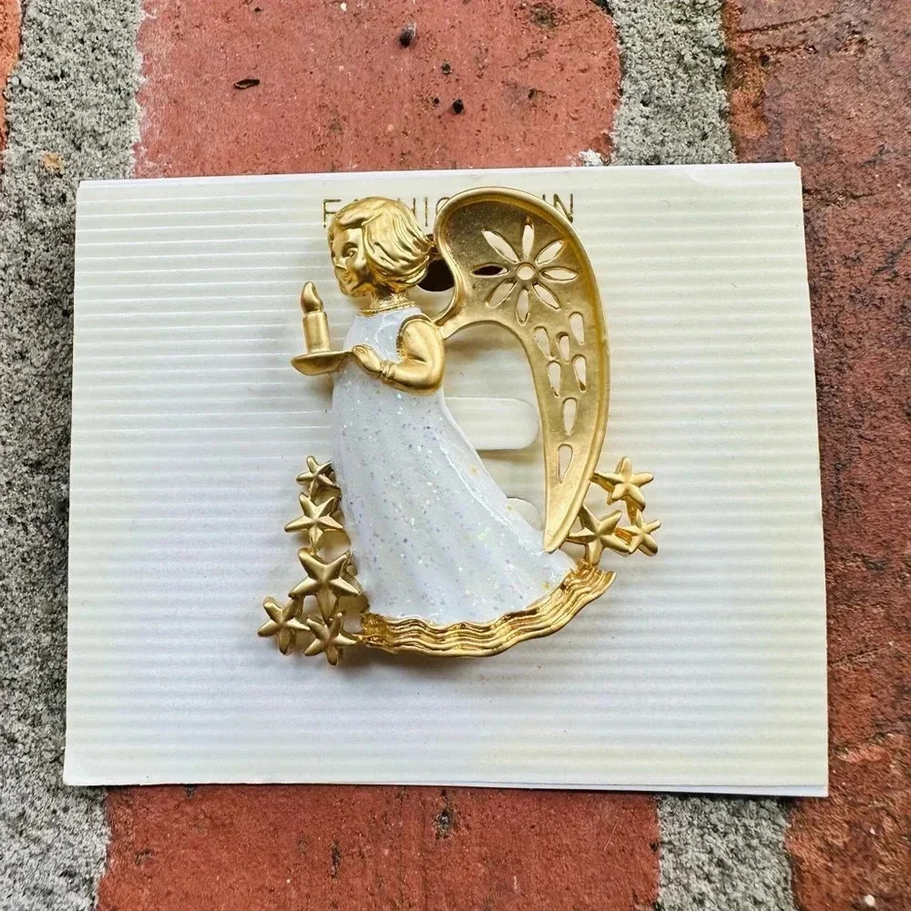 Vintage Golden Angel Pin Holding A Candle, 1980s Brooch, Goldtone